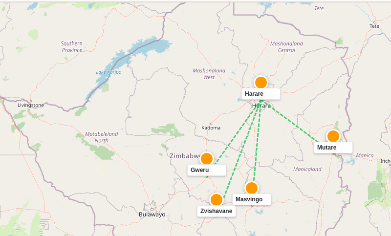 Zimbabwe nationwide routes connecting Harare, Mutare, Gweru, Zvishavane, and Masvingo